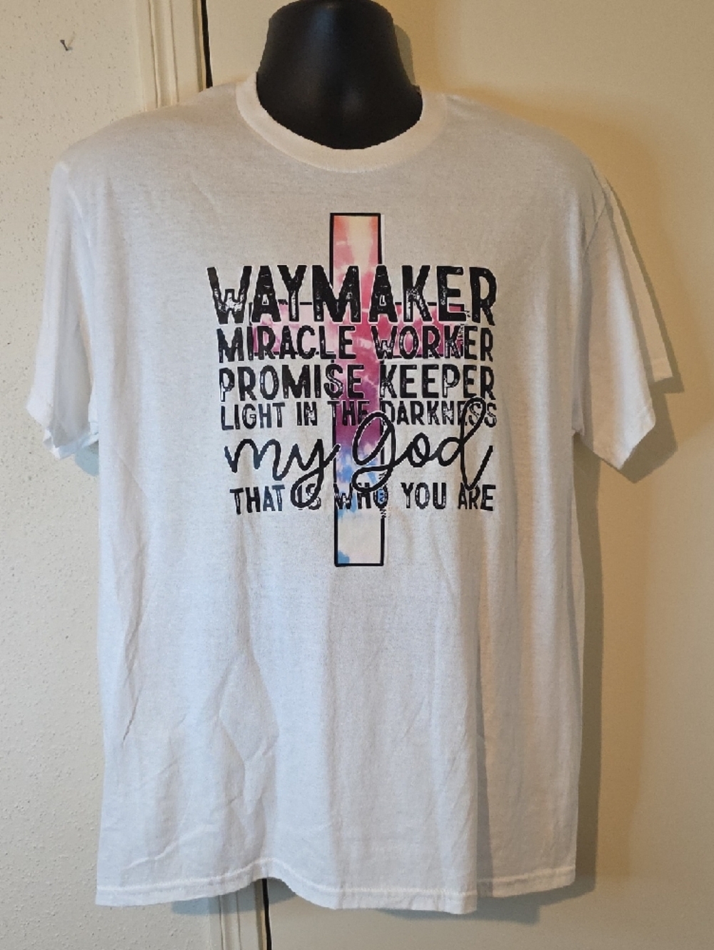 Gildan White Tee with Pink and Blue Cross Graphic - Picture 7 of 8